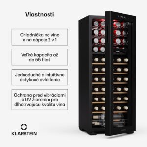Klarstein Bovella 55 Duo+ chladnička na víno, 2 v 1, 55 fliaš, 2 zóny, 9 políc, Dotykové ovládanie