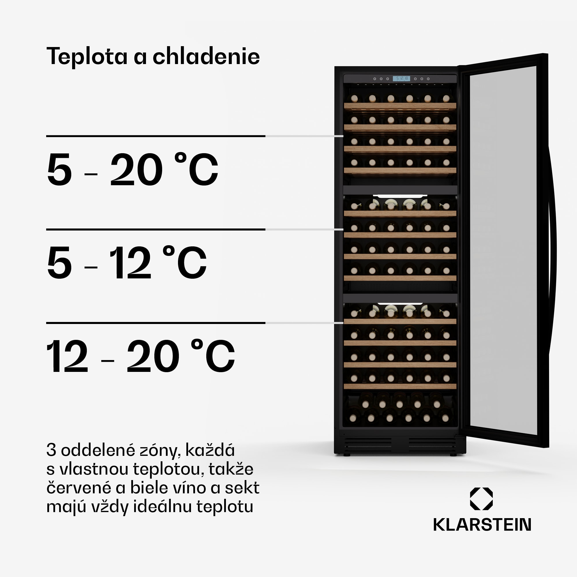 Klarstein Vinovilla Trio chladnička na víno, 143 fliaš, 3 zóny, 38 dB, 12 políc, kompresor, 413 litrov – Obrázok 3