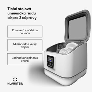 Klarstein SilentScrub umývačka riadu, prenosná, dotykový displej, 7 programov, 3 súpravy riadu, košík na príbory