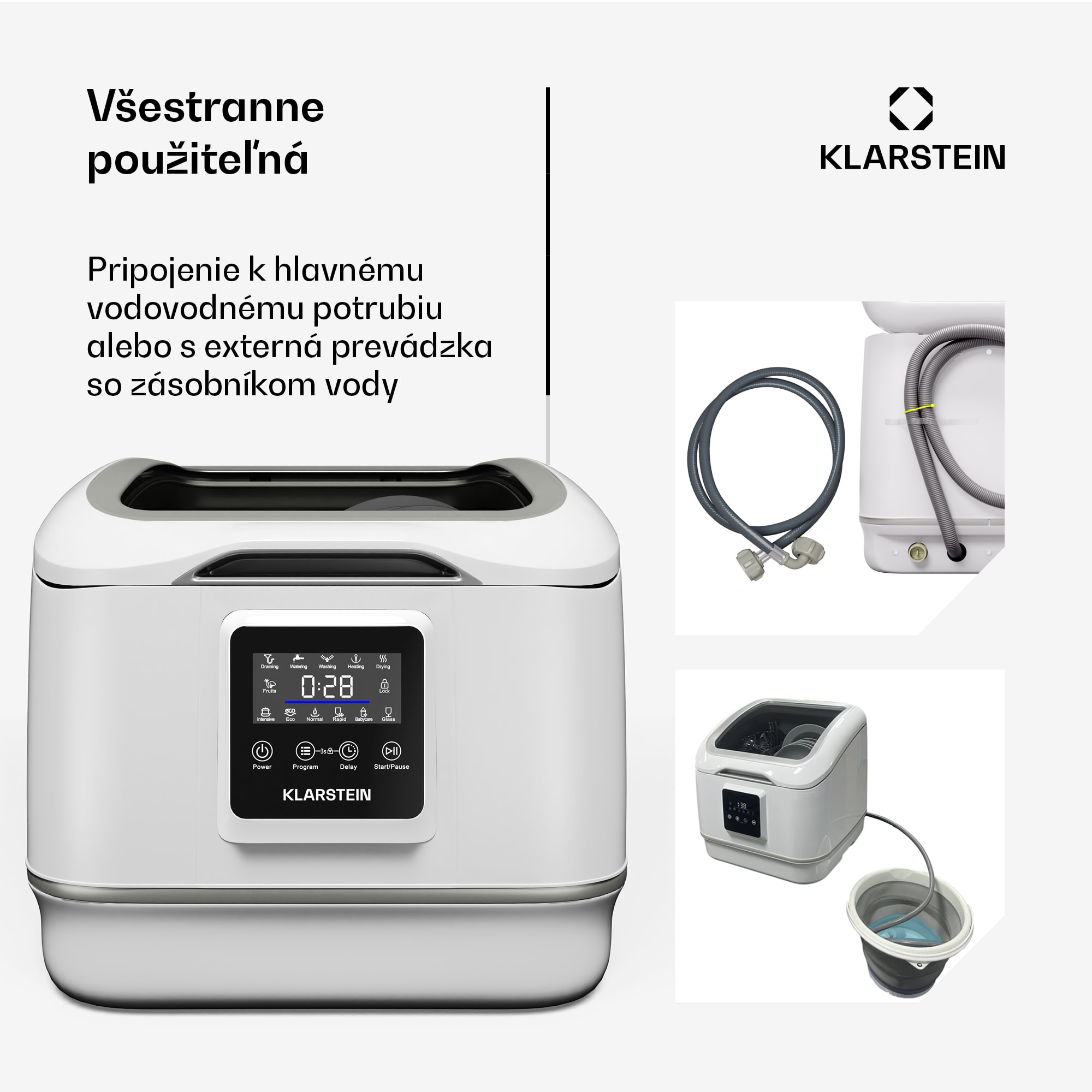 Klarstein SilentScrub umývačka riadu, prenosná, dotykový displej, 7 programov, 3 súpravy riadu, košík na príbory – Obrázok 2