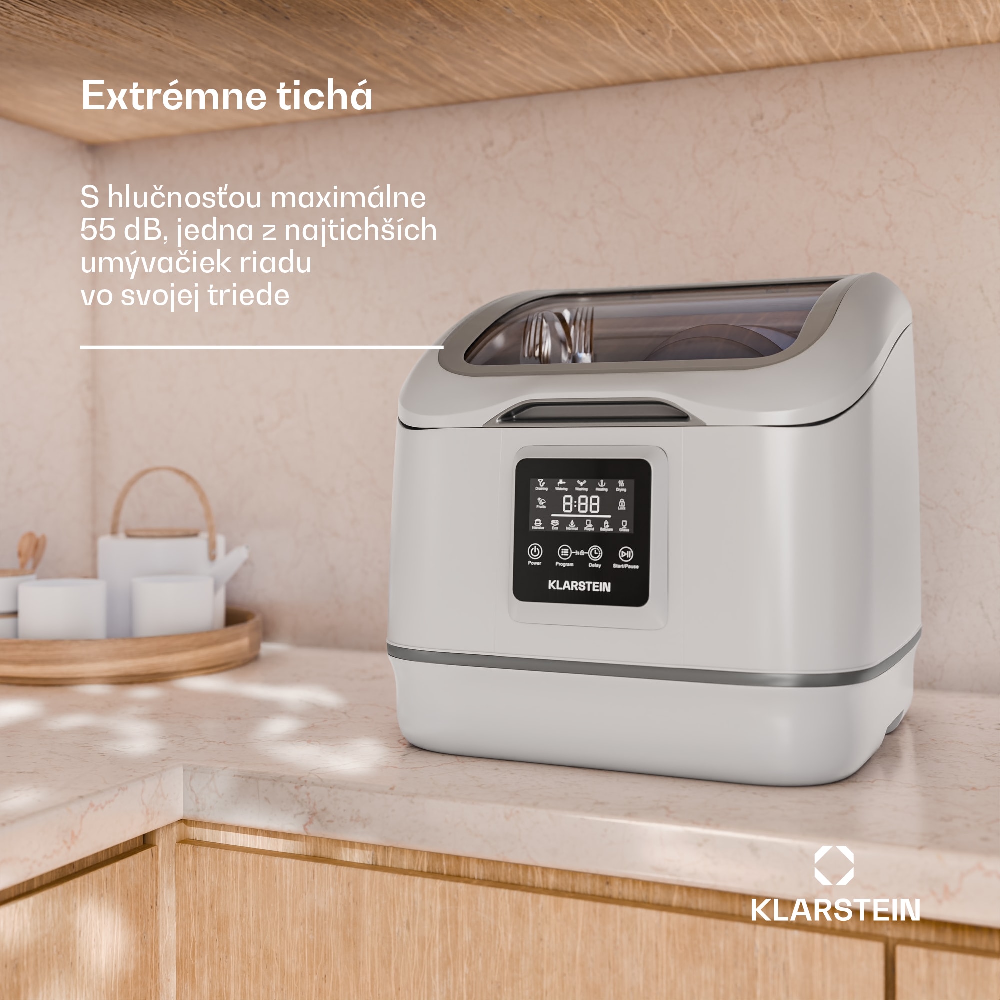 Klarstein SilentScrub umývačka riadu, prenosná, dotykový displej, 7 programov, 3 súpravy riadu, košík na príbory – Obrázok 3