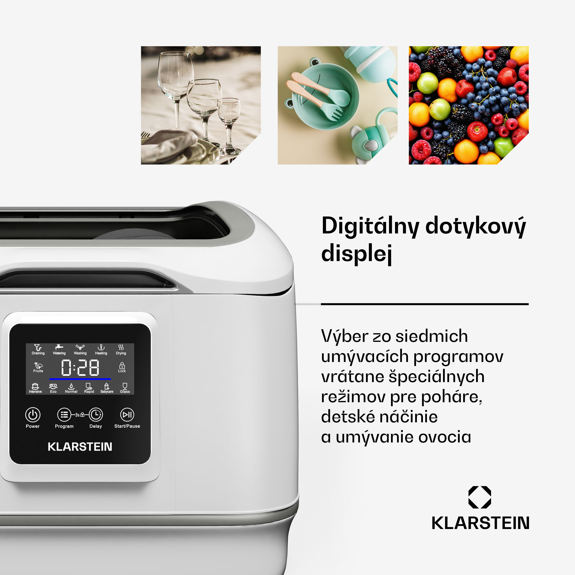 Klarstein SilentScrub umývačka riadu, prenosná, dotykový displej, 7 programov, 3 súpravy riadu, košík na príbory – Obrázok 4