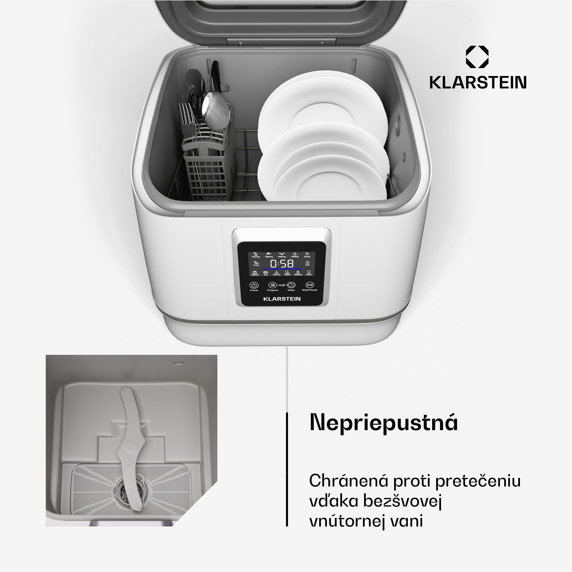 Klarstein SilentScrub umývačka riadu, prenosná, dotykový displej, 7 programov, 3 súpravy riadu, košík na príbory – Obrázok 5
