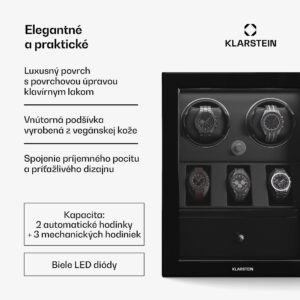 Klarstein ChronoVault naťahovač hodiniek, 2+3 hodinky, vegánsky, vysoký lesk, 4 režimy, motor Mabuchi, LED, zásuvka