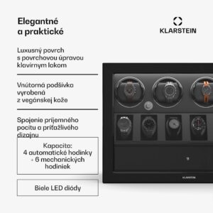 Klarstein ChronoVault naťahovač hodiniek, 4+6 hodiniek, vegánsky, vysoký lesk, 4 režimy, motor Mabuchi, LED, zásuvka