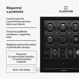 Klarstein ChronoVault naťahovač hodiniek, 6+5 hodiniek, vegánsky, vysoký lesk, 4 režimy, motor Mabuchi, LED, zásuvka