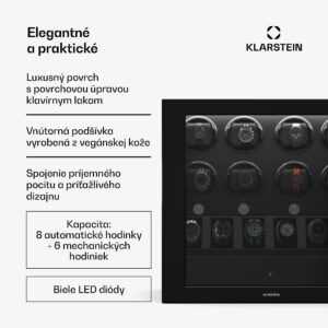 Klarstein ChronoVault naťahovač hodiniek, 8+6 hodiniek, vegánsky, vysoký lesk, 4 režimy, motor Mabuchi, LED, zásuvka