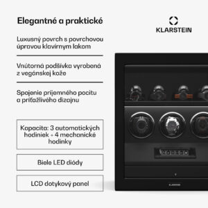 Klarstein SecureTouch naťahovač hodiniek, 3+4 hodinky, motor Mabuchi, klavírny lak, 41 režimov, zámok, LED diódy