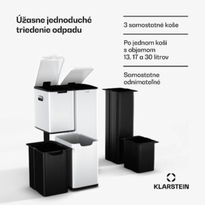 Klarstein Tiyo 3 v 1 kôš na odpadky 60 l, 30 l + 17 l + 13 l, triedenie odpadu, tiché zatváranie, kryt z nehrdzavejúcej ocele