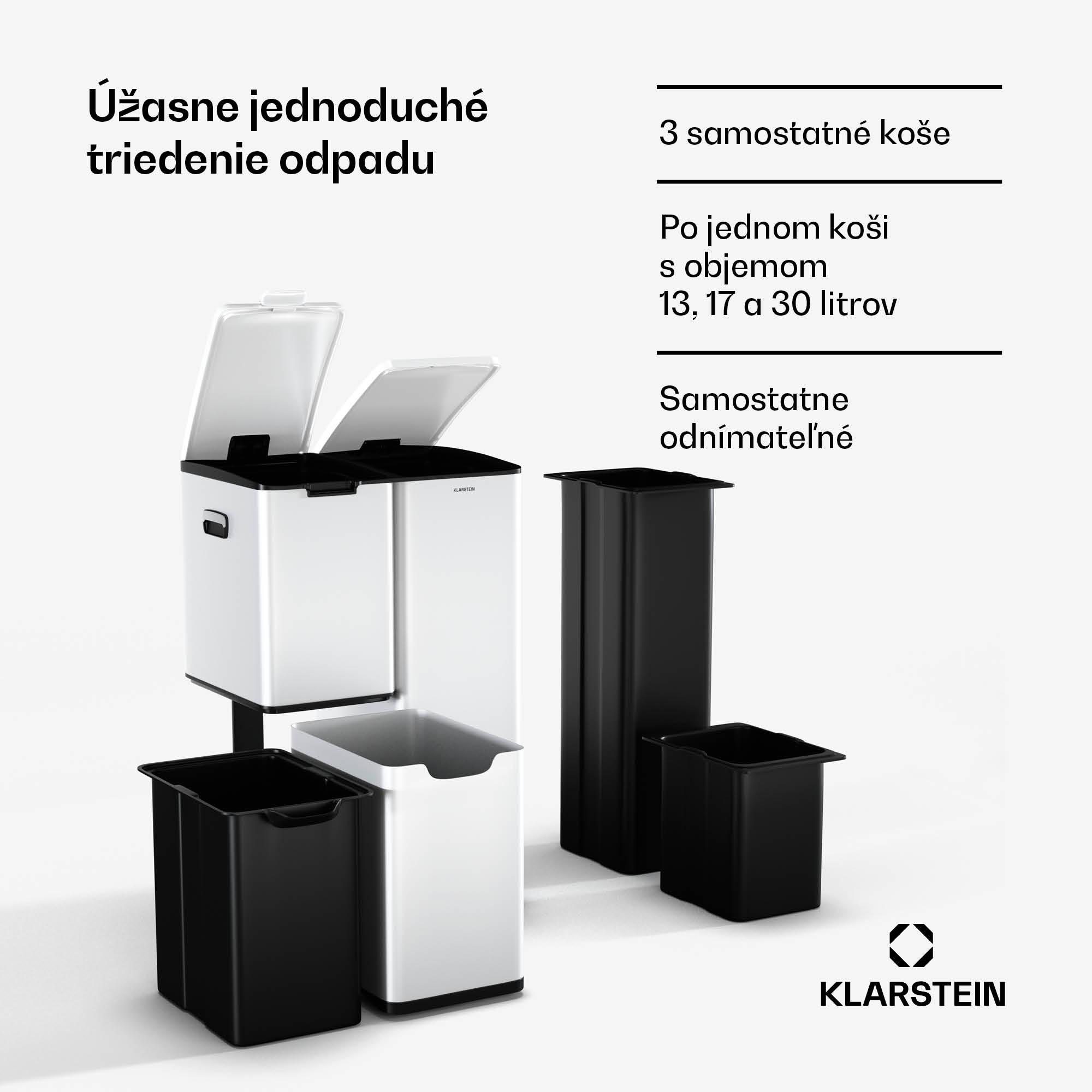 Klarstein Tiyo 3 v 1 kôš na odpadky 60 l, 30 l + 17 l + 13 l, triedenie odpadu, tiché zatváranie, kryt z nehrdzavejúcej ocele