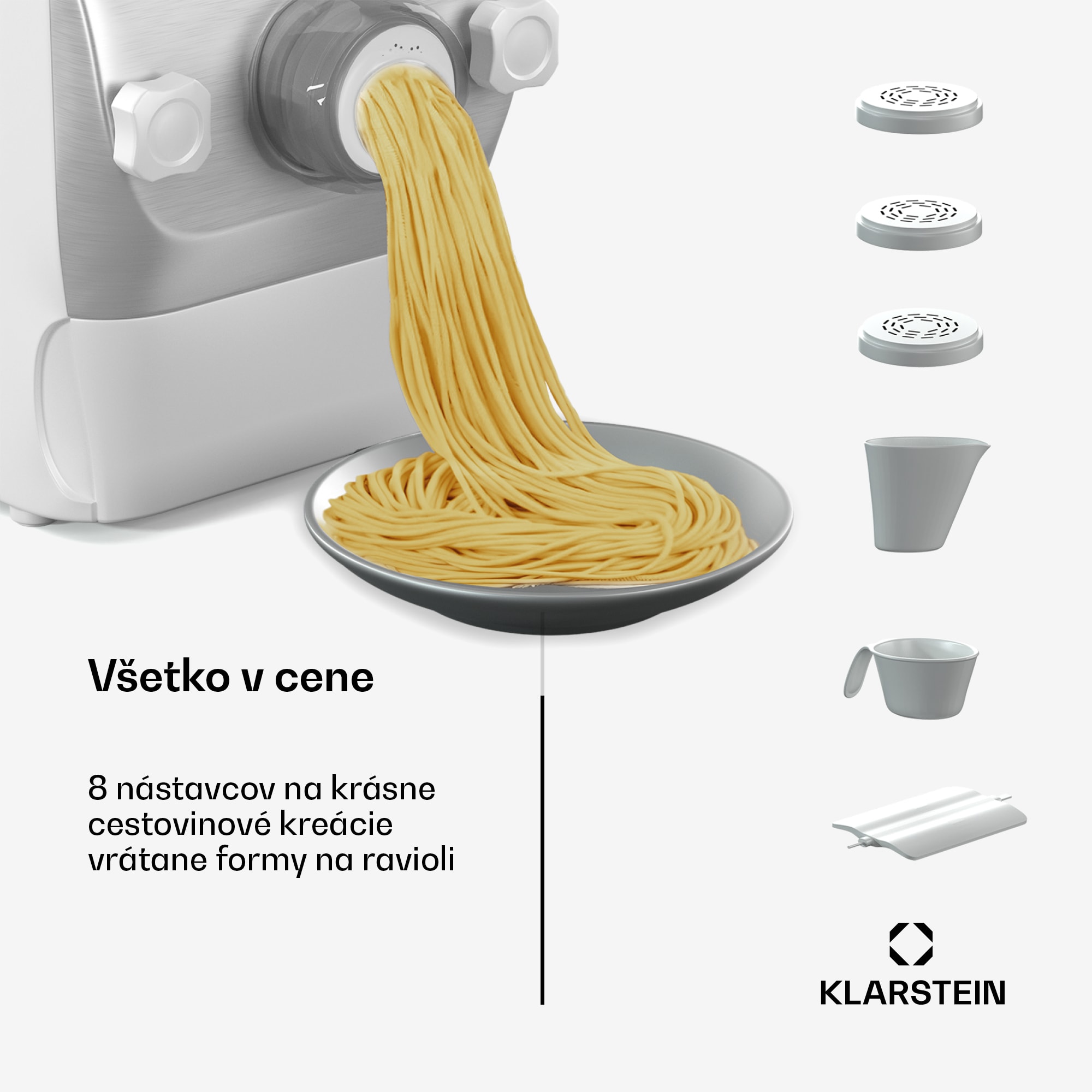 Klarstein Pastamania strojček na cestoviny, 7 nástavcov, cestoviny + ravioli, 260 W, jednoduché čistenie – Obrázok 2