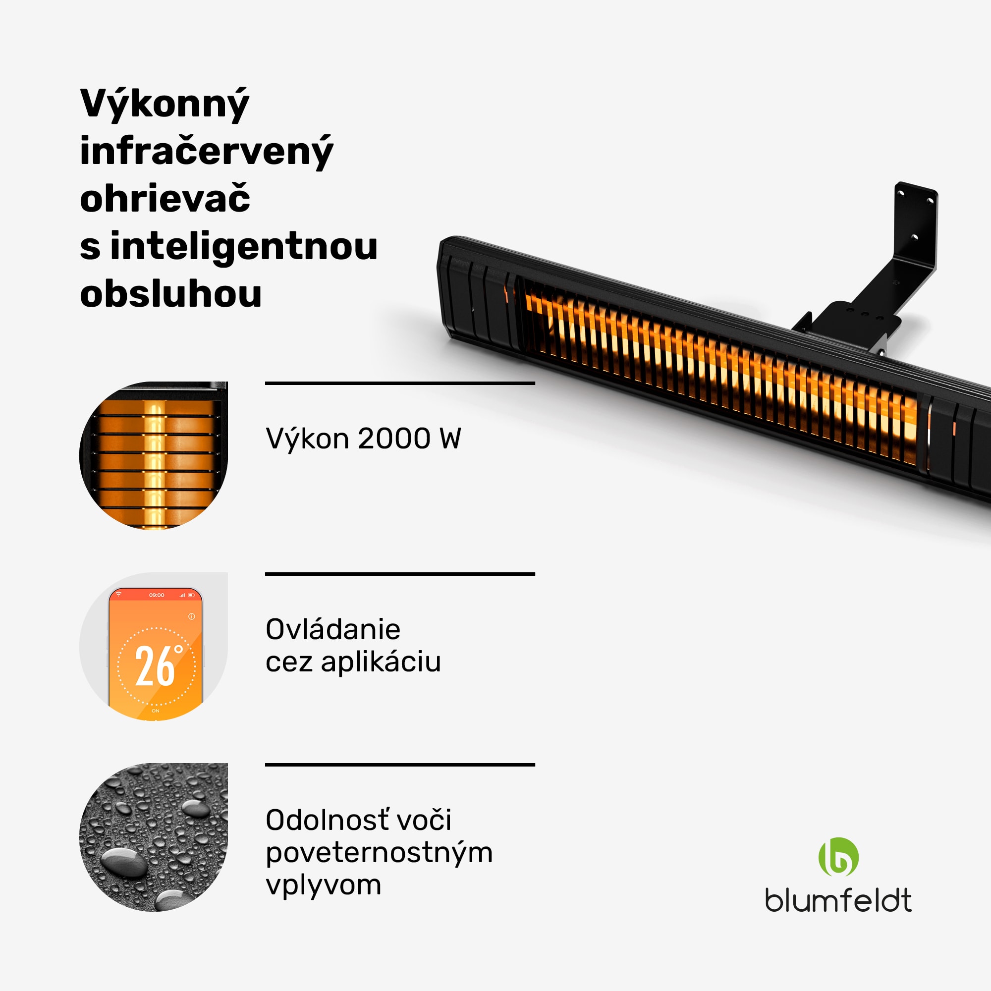 Blumfeldt Gold Bar Slim 2000 W sálavý ohrievač, 9 úrovní, funkcia WiFi, dotykové ovládanie, diaľkový ovládač, IP 65