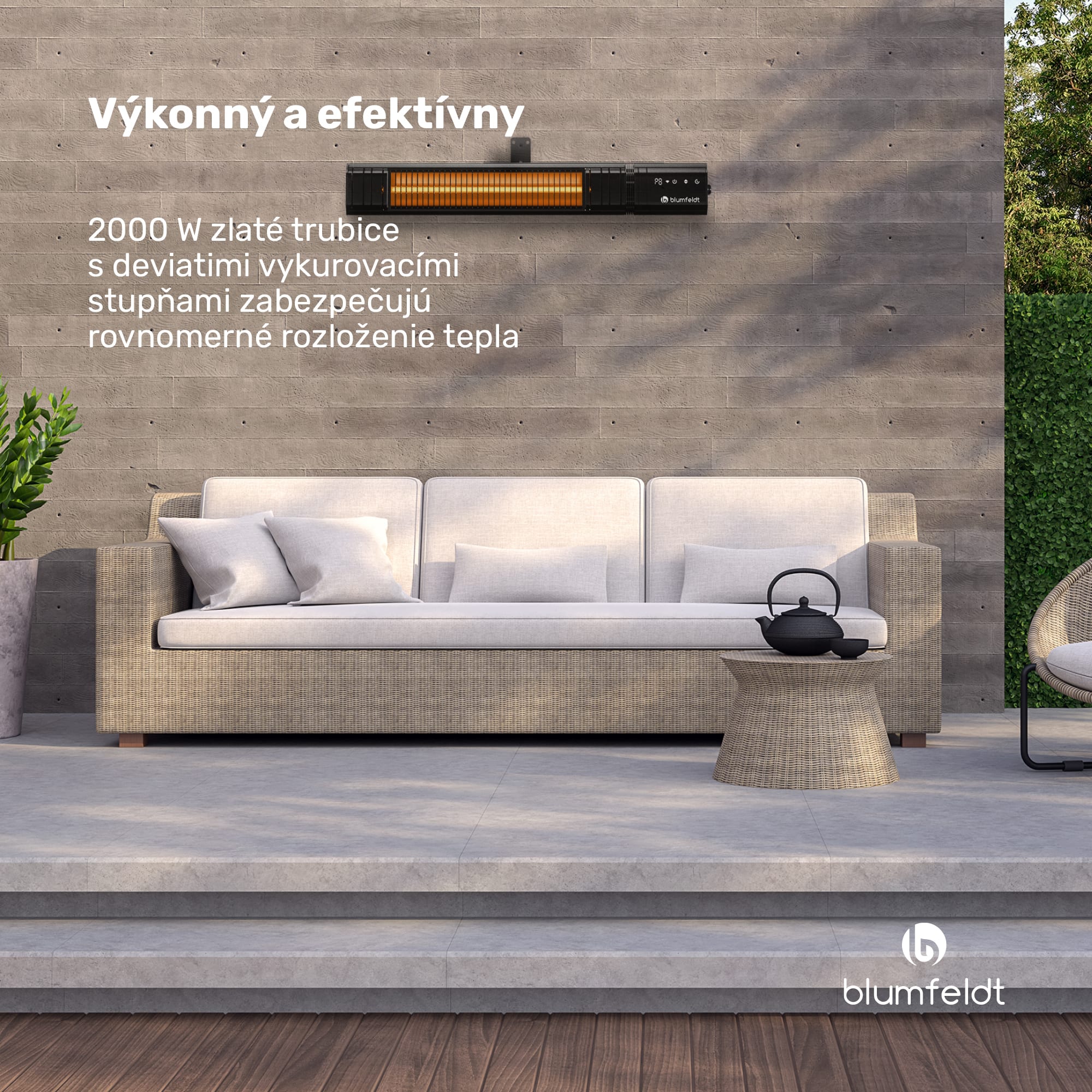 Blumfeldt Gold Bar Slim 2000 W sálavý ohrievač, 9 úrovní, funkcia WiFi, dotykové ovládanie, diaľkový ovládač, IP 65 – Obrázok 2