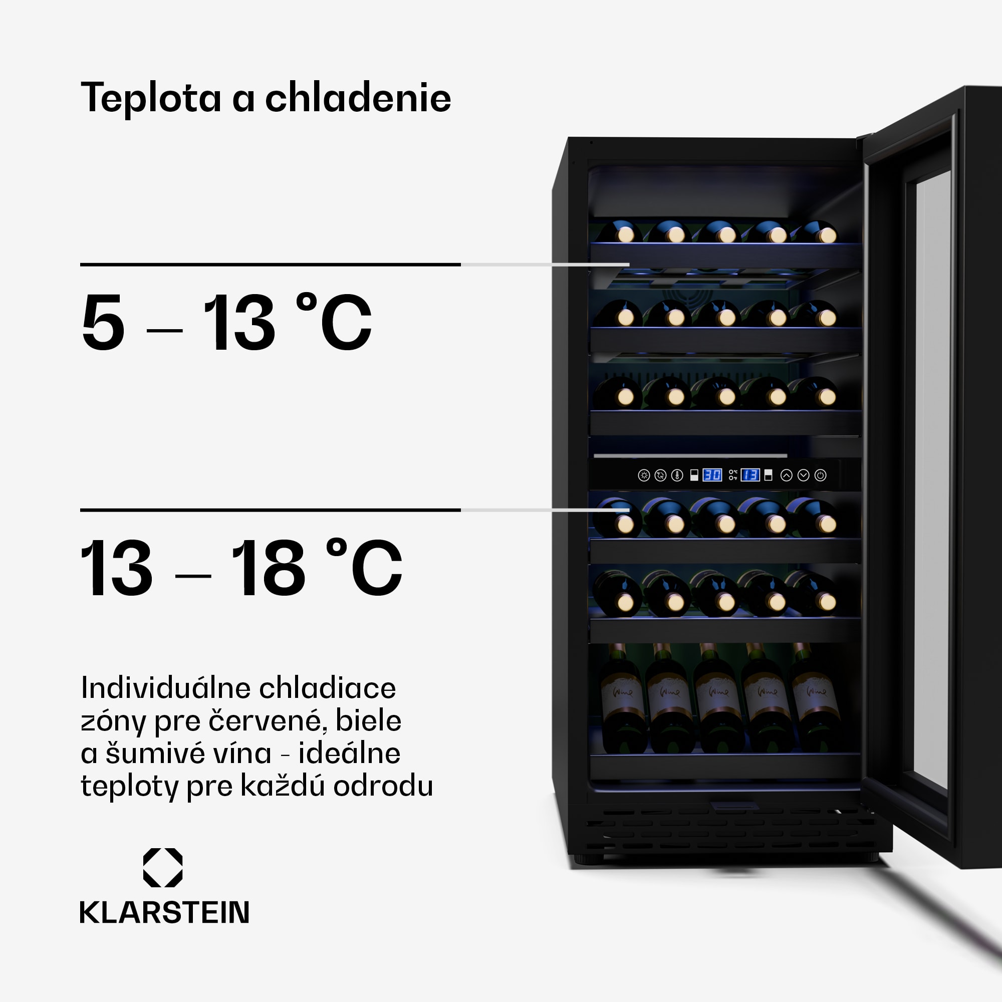 Klarstein Vinovilla 30 Duo chladnička na víno, 2 chladiace zóny, 30 fliaš, drevené police, 5-18 °C – Obrázok 3