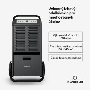 Klarstein DuraDry 70L odvlhčovač vzduchu, 70 l/deň, 90-140 m², nehrdzavejúca oceľ, mobilný, 450 m³/h