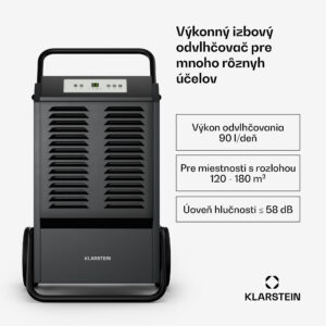 Klarstein DuraDry 90L odvlhčovač vzduchu, 90 l/deň, 120-180 m², nehrdzavejúca oceľ, mobilný, 450 m³/h