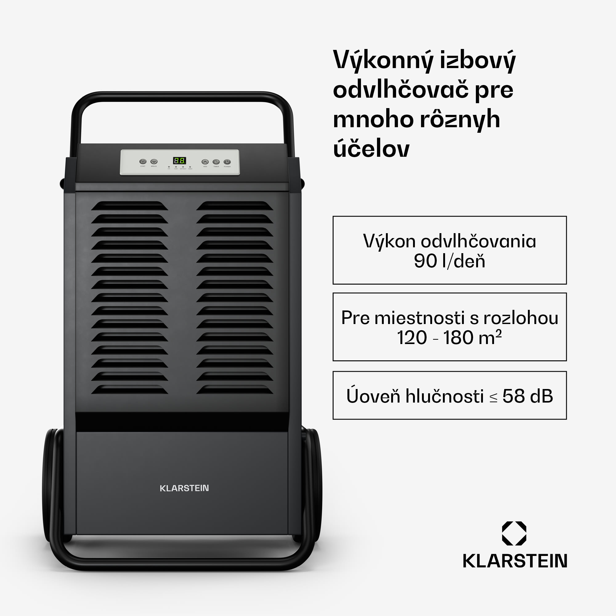 Klarstein DuraDry 90L odvlhčovač vzduchu, 90 l/deň, 120-180 m², nehrdzavejúca oceľ, mobilný, 450 m³/h