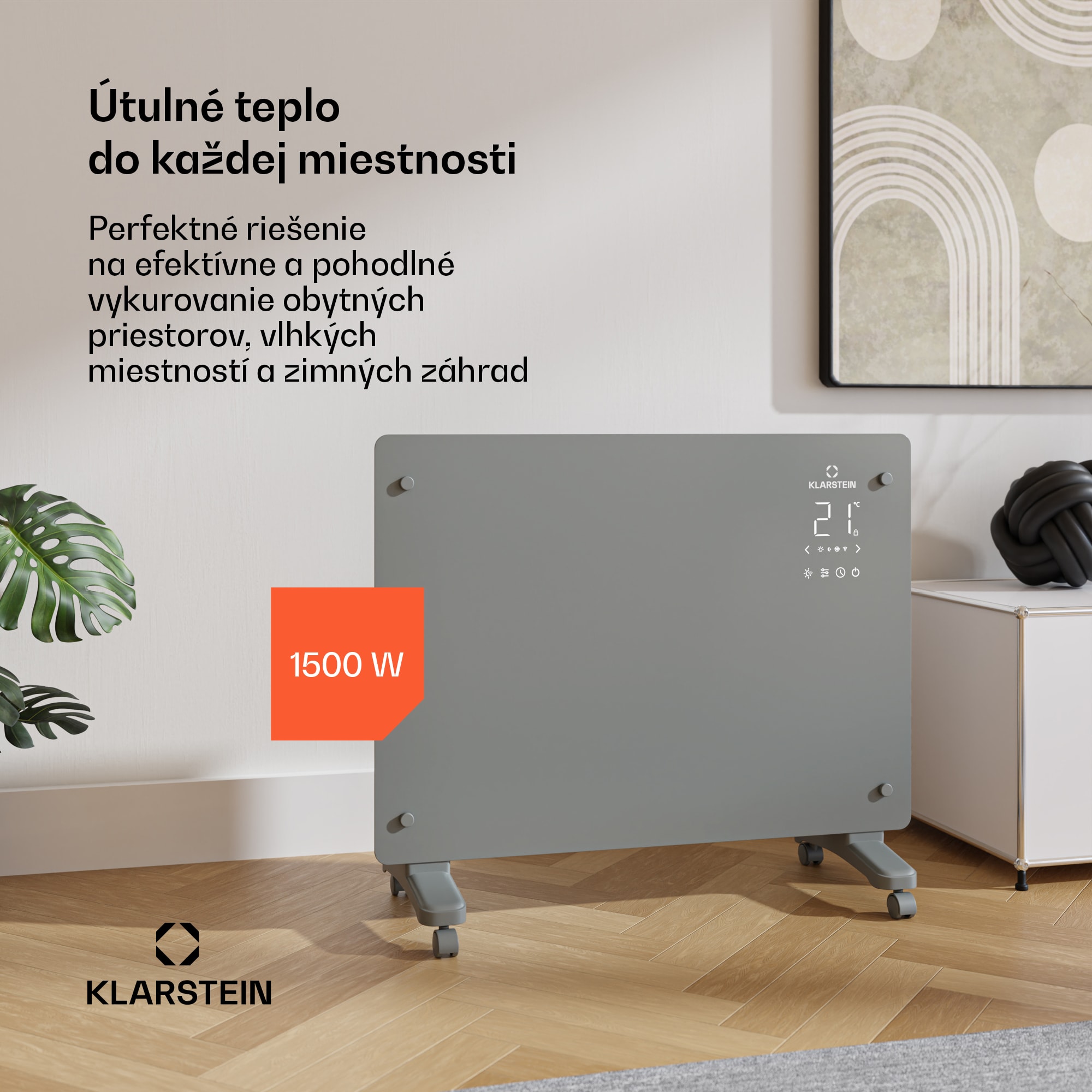 Klarstein Bansin Crystal Smart Kovektor 1500, 1500 W, Aplikácia, 5- 50 °C, LED displej, Dotykový displej