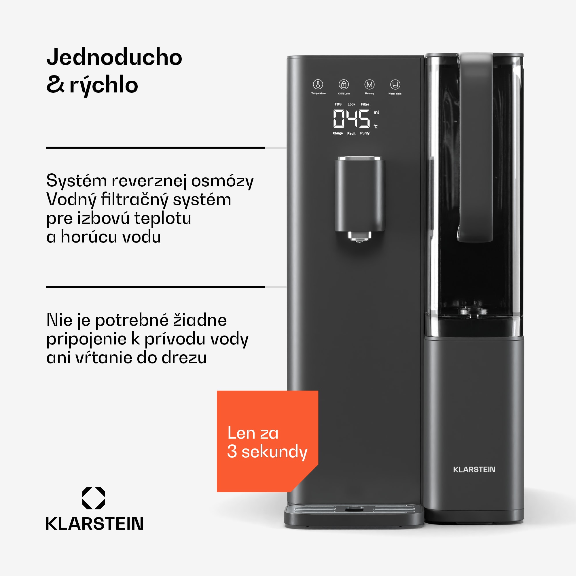 Klarstein VitalPour vodný filter, 5-stupňový filter, reverzná osmóza, 5 l nádrž, dotykový, mobilný, 3 sekundy