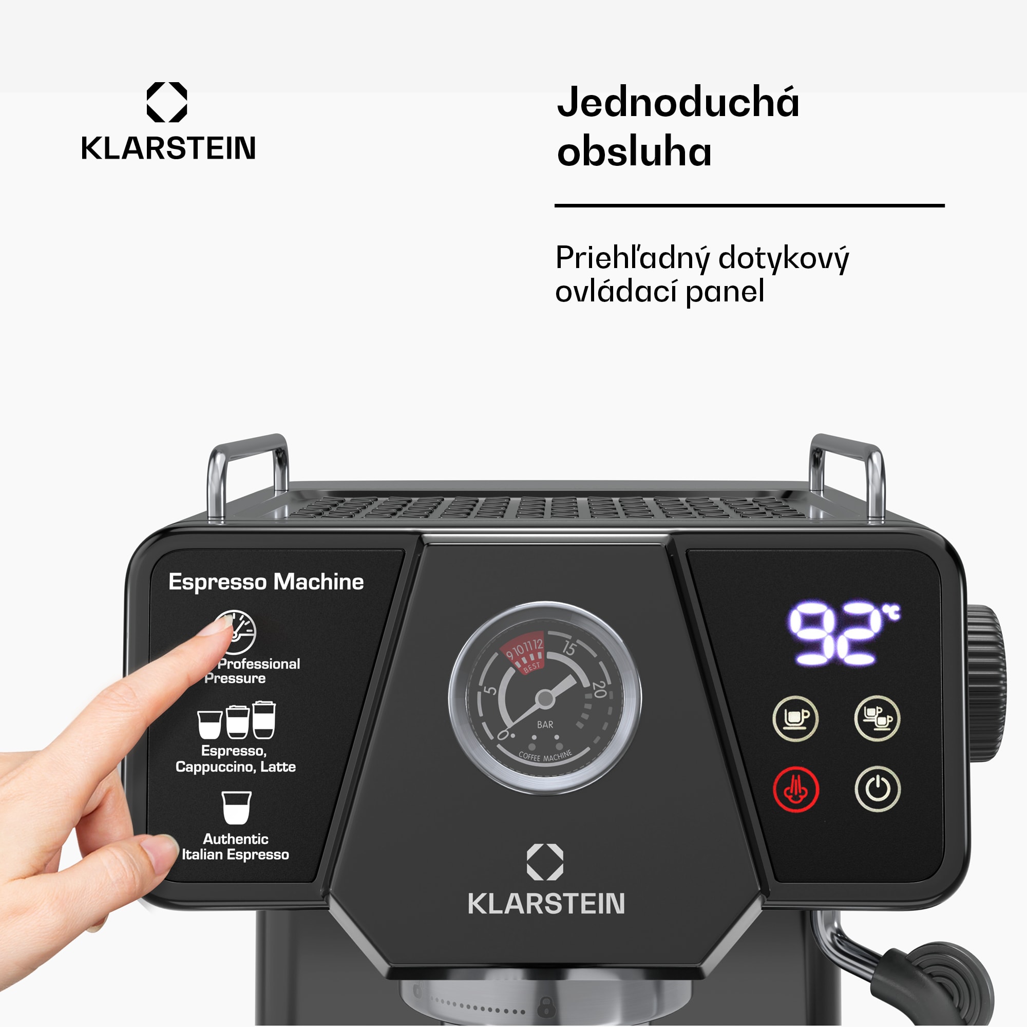 Klarstein Libeica pákový kávovar, 1350 W, 19 bar, dotykové ovládanie, nehrdzavejúca oceľ, ukazovateľ tlaku a teploty – Obrázok 2