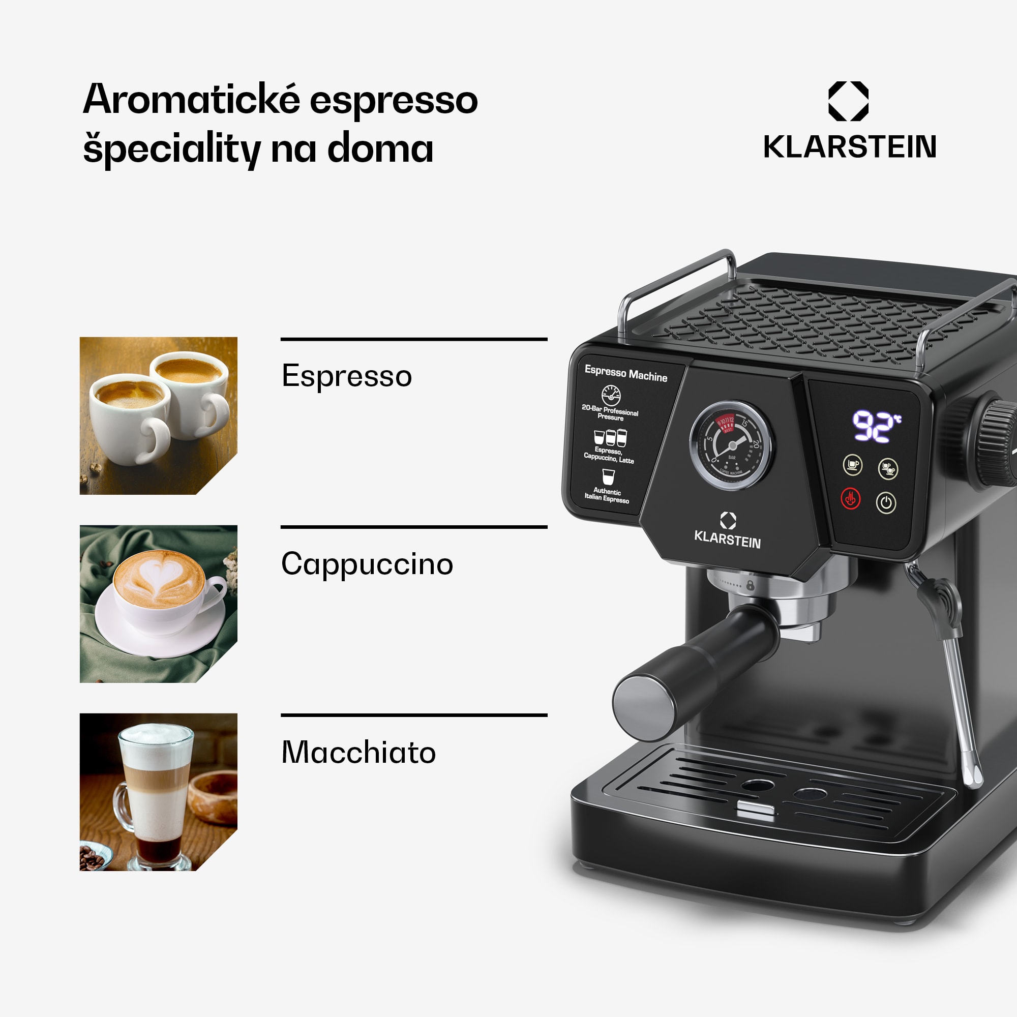 Klarstein Libeica pákový kávovar, 1350 W, 19 bar, dotykové ovládanie, nehrdzavejúca oceľ, ukazovateľ tlaku a teploty – Obrázok 3