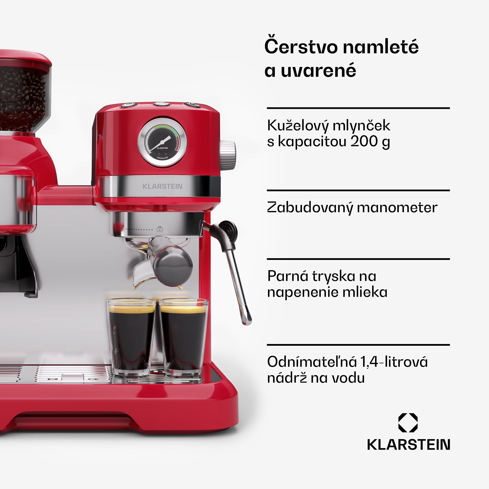 Klarstein Bella Café Pákový kávovar, Vintage, mlynček, 19 bar, Napeňovač mlieka, Tlakomer, 1150 W – Obrázok 2