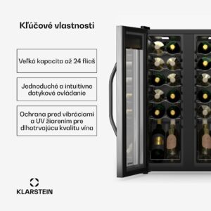 Klarstein Vinamour chladnička na víno, 2 chladiace zóny, 7 políc, dotykové ovládanie, UV-ochrana
