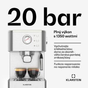Klarstein SteelPresso kávovar s portafiltrom, Kompaktný, 20 bar, Naparovač, Ohrievacia platňa