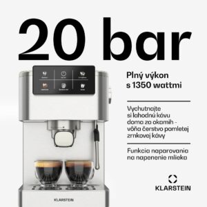 Klarstein SteelPresso Touch kávovar s portafiltrom, Dotykový displej, 20 bar, Nehrdzavejúca oceľ
