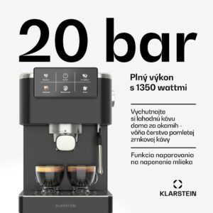 Klarstein SteelPresso Touch kávovar s portafiltrom, Dotykový displej, 20 bar, Nehrdzavejúca oceľ