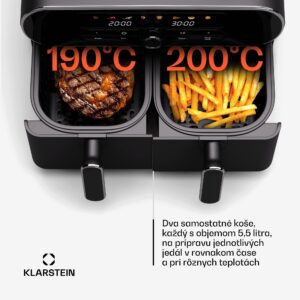 Klarstein AuraAir Color Touch teplovzdušná fritéza, 2 komory, 10 l, 1700 W, 80 - 200 °C, 8 programov