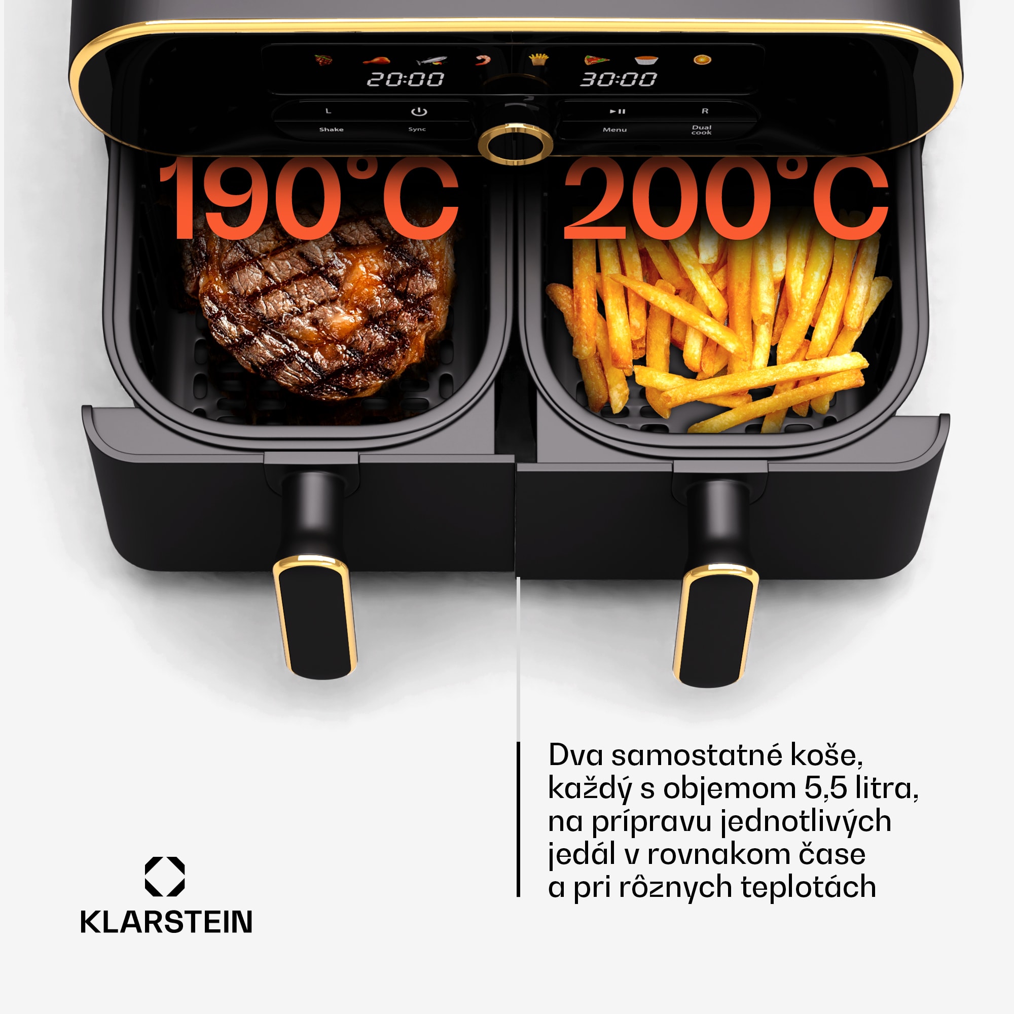 Klarstein AuraAir Color Touch teplovzdušná fritéza, 2 komory, 11 l, 1700 W, 80 - 200 °C, 8 programov – Obrázok 2