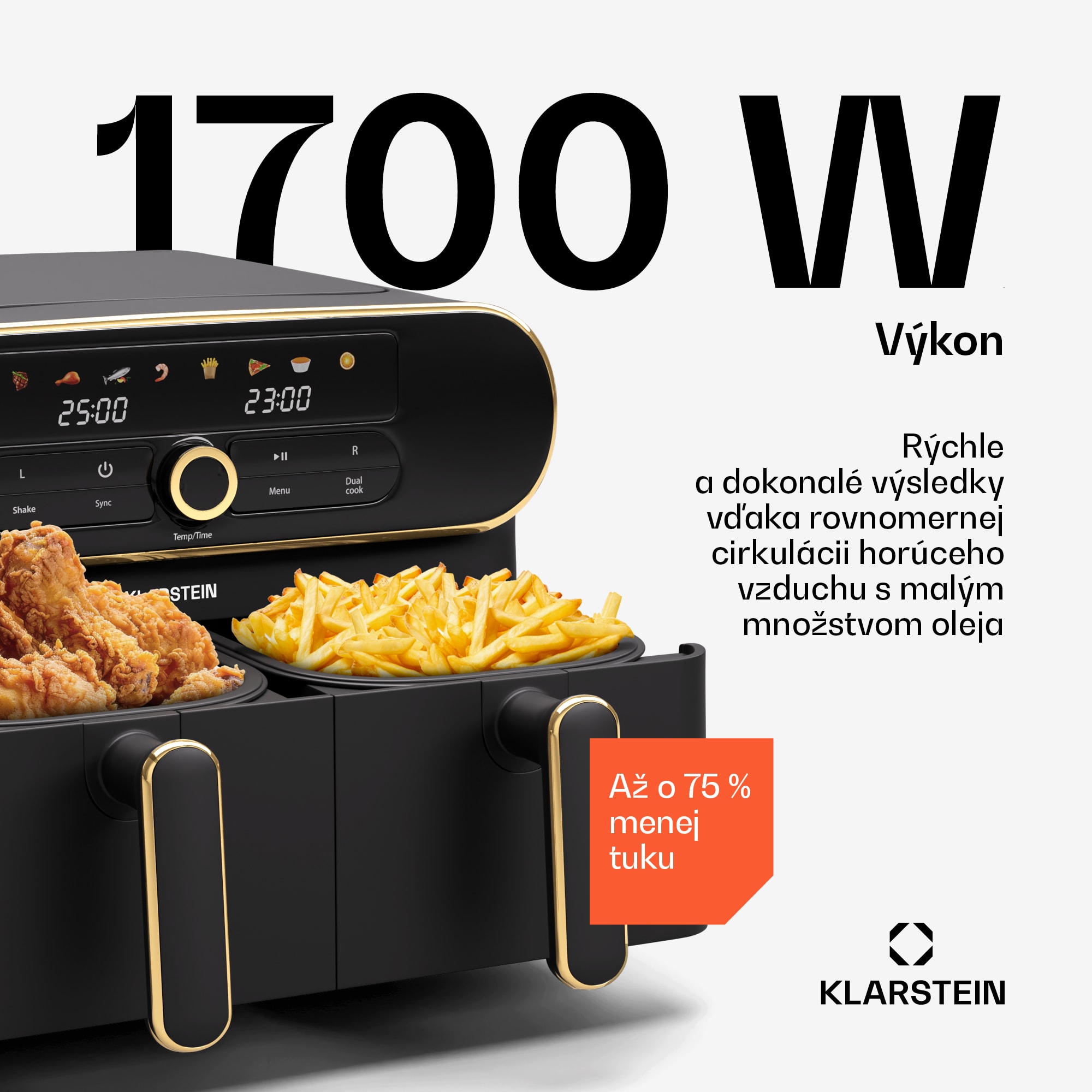 Klarstein AuraAir Color Touch teplovzdušná fritéza, 2 komory, 11 l, 1700 W, 80 - 200 °C, 8 programov – Obrázok 3