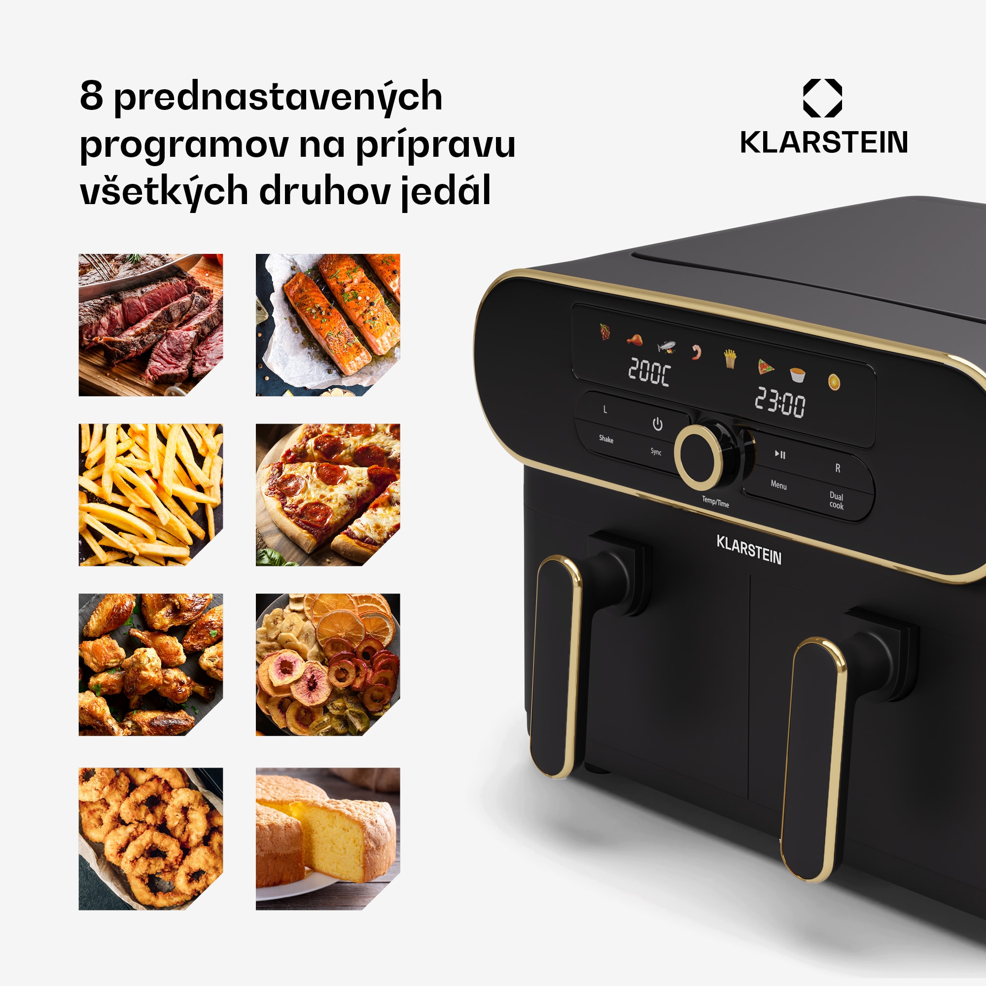 Klarstein AuraAir Color Touch teplovzdušná fritéza, 2 komory, 11 l, 1700 W, 80 - 200 °C, 8 programov – Obrázok 4