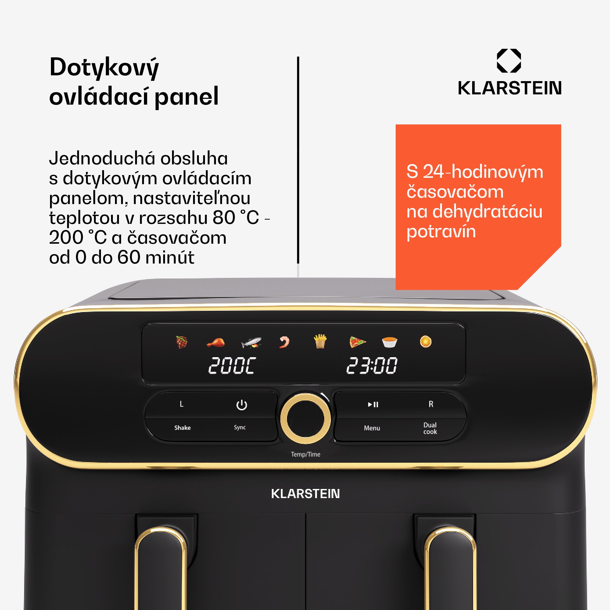 Klarstein AuraAir Color Touch teplovzdušná fritéza, 2 komory, 11 l, 1700 W, 80 - 200 °C, 8 programov – Obrázok 5