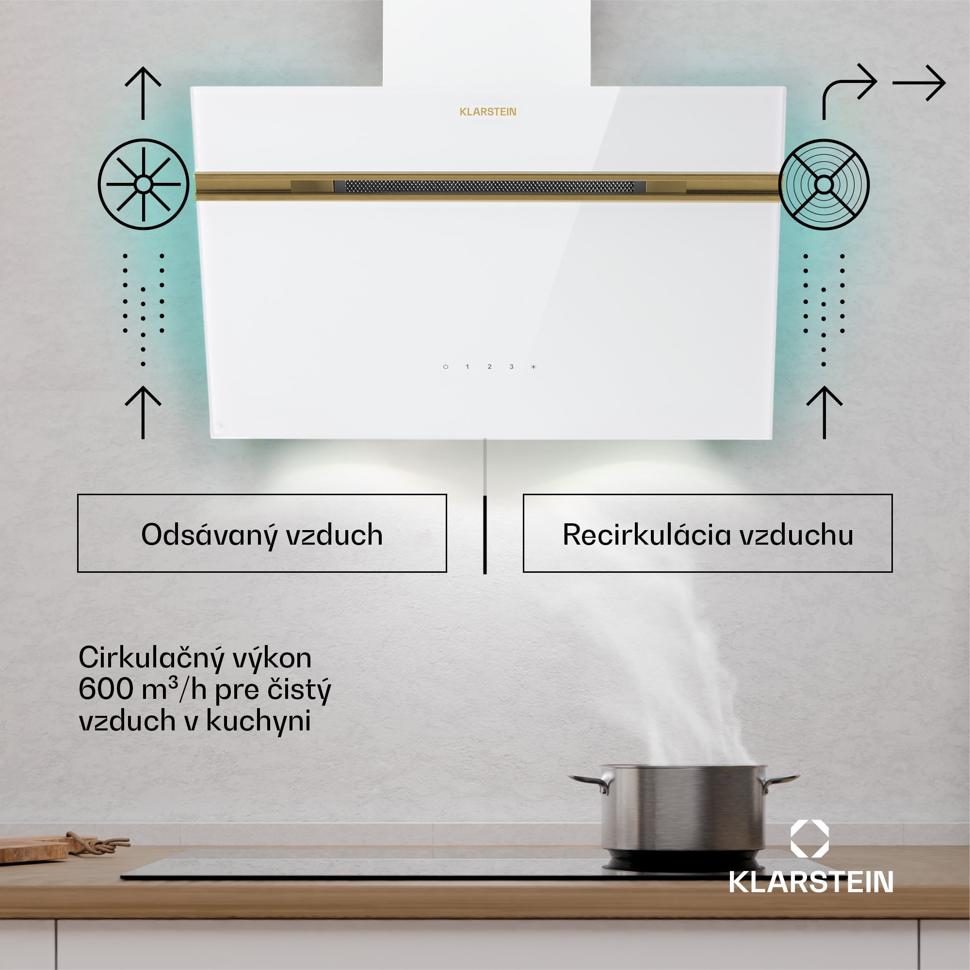 Klarstein Alina digestor, EEK A, Dotykový, LED osvetlenie, Odsávanie/recirkulácia, 600 m³/h