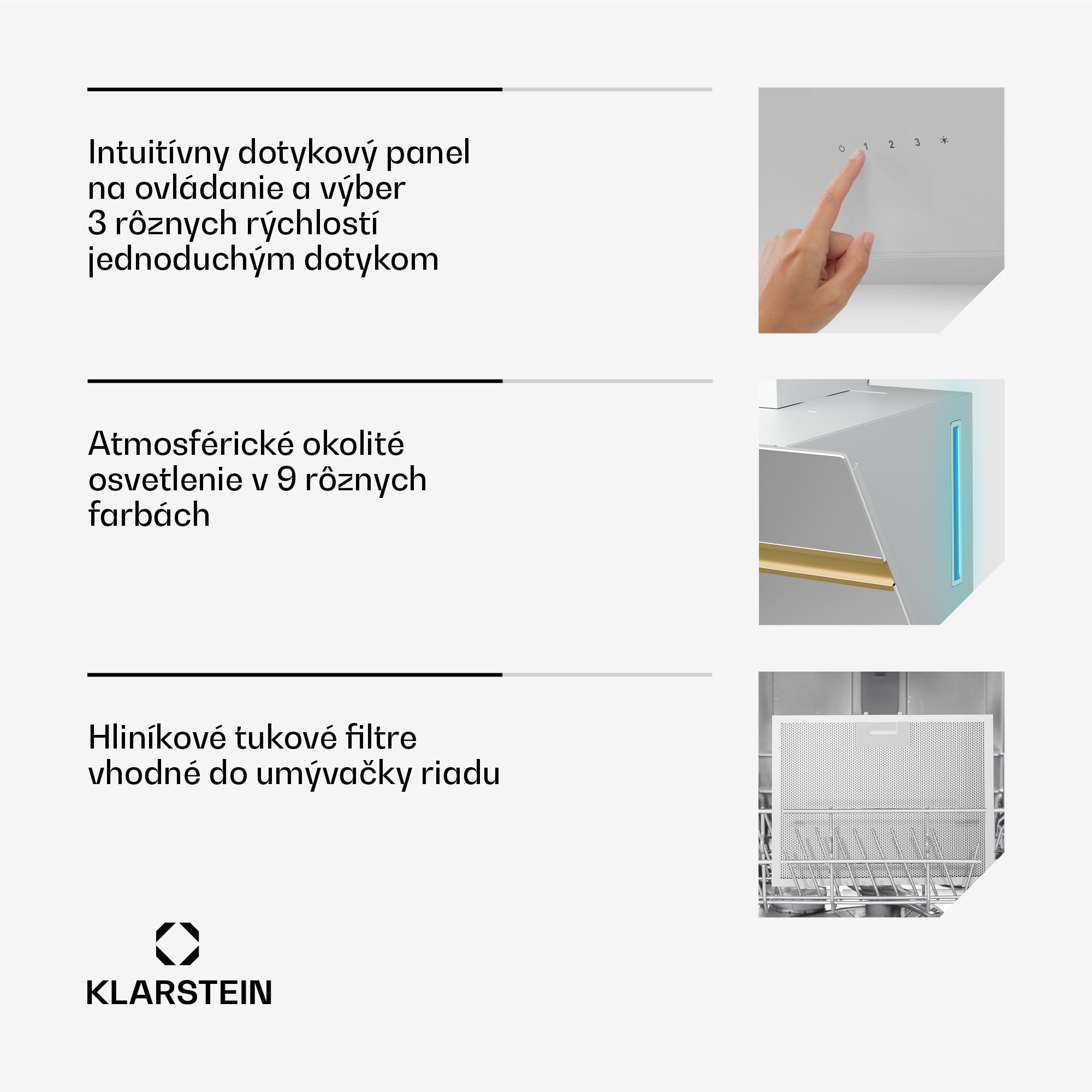 Klarstein Alina digestor, EEK A, Dotykový, LED osvetlenie, Odsávanie/recirkulácia, 600 m³/h – Obrázok 5