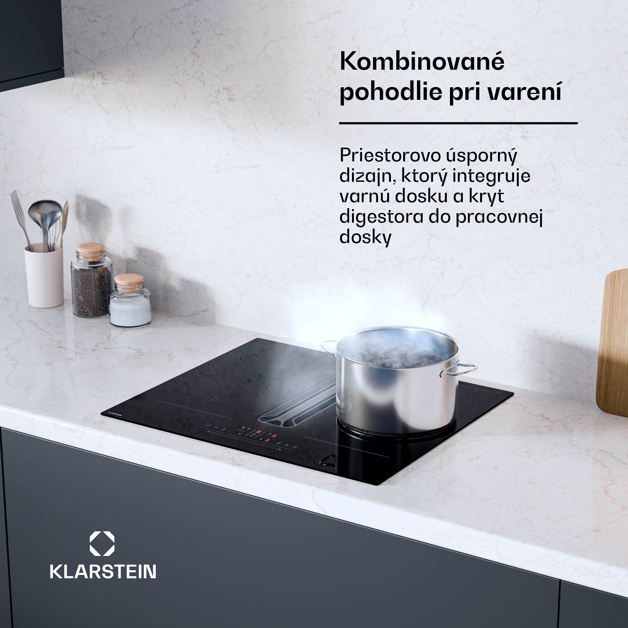 Klarstein AirJet Hybrid Down Air System, Indukčná varná doska s integrovaným digestorom, 477 m³/h, EEK A+