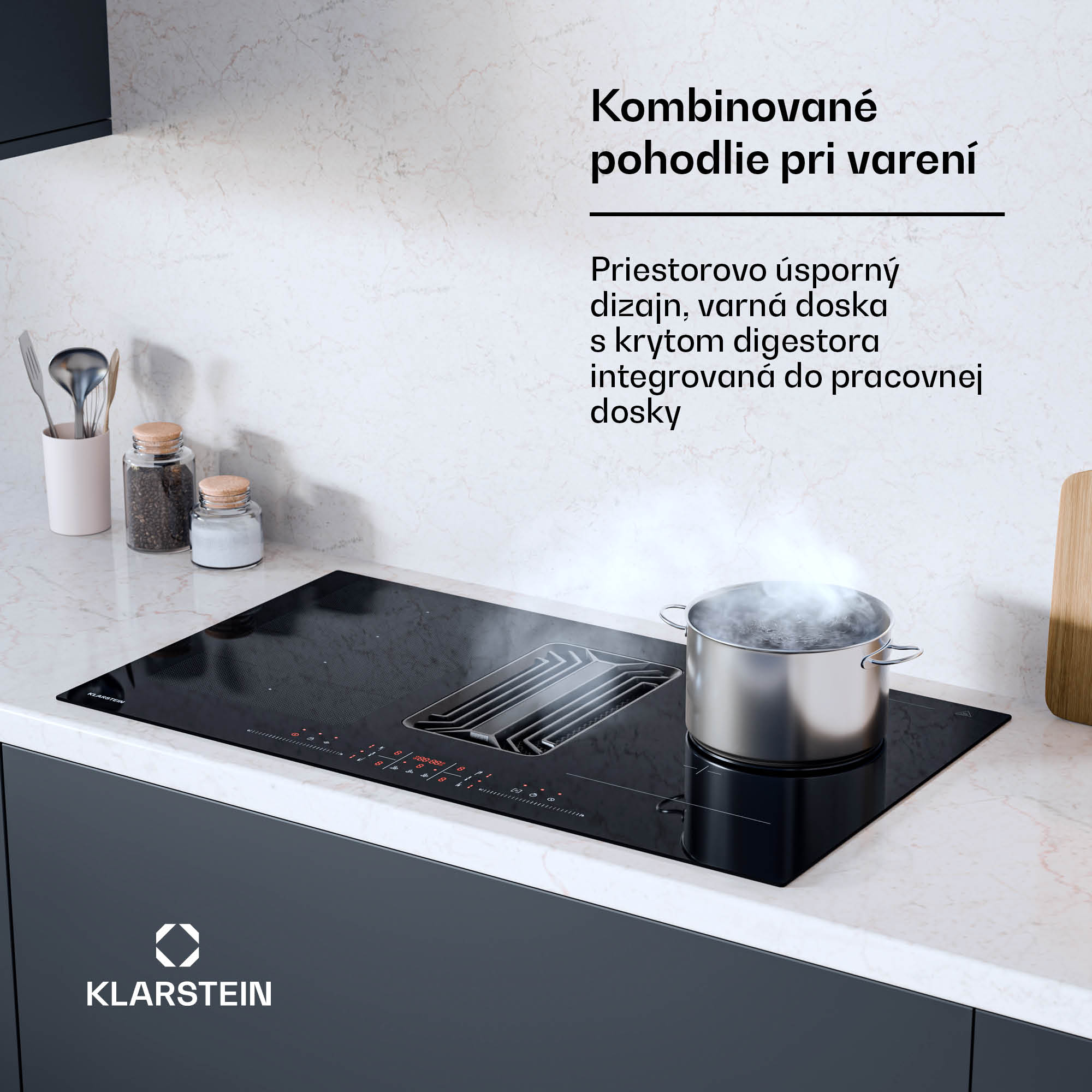 Klarstein AirJet Hybrid Down Air System, Indukčná varná doska s integrovaným digestorom, 600 m³/h, EEK A++