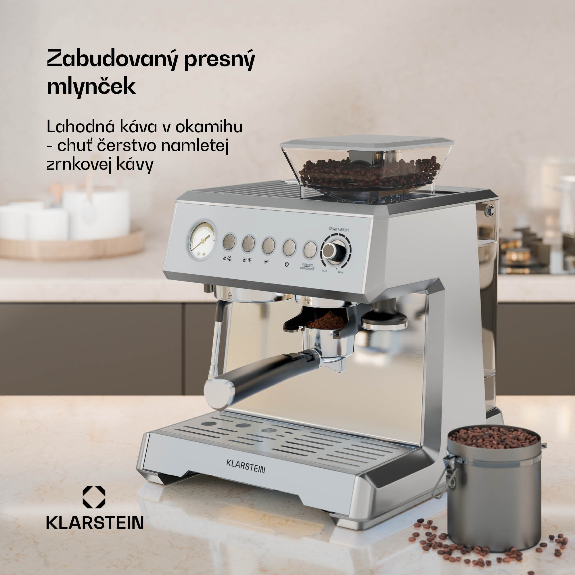 Klarstein GrandPresso pákový kávovar, precízny mlynček, parná tryska, portafilter, indikátor tlaku, 20 bar