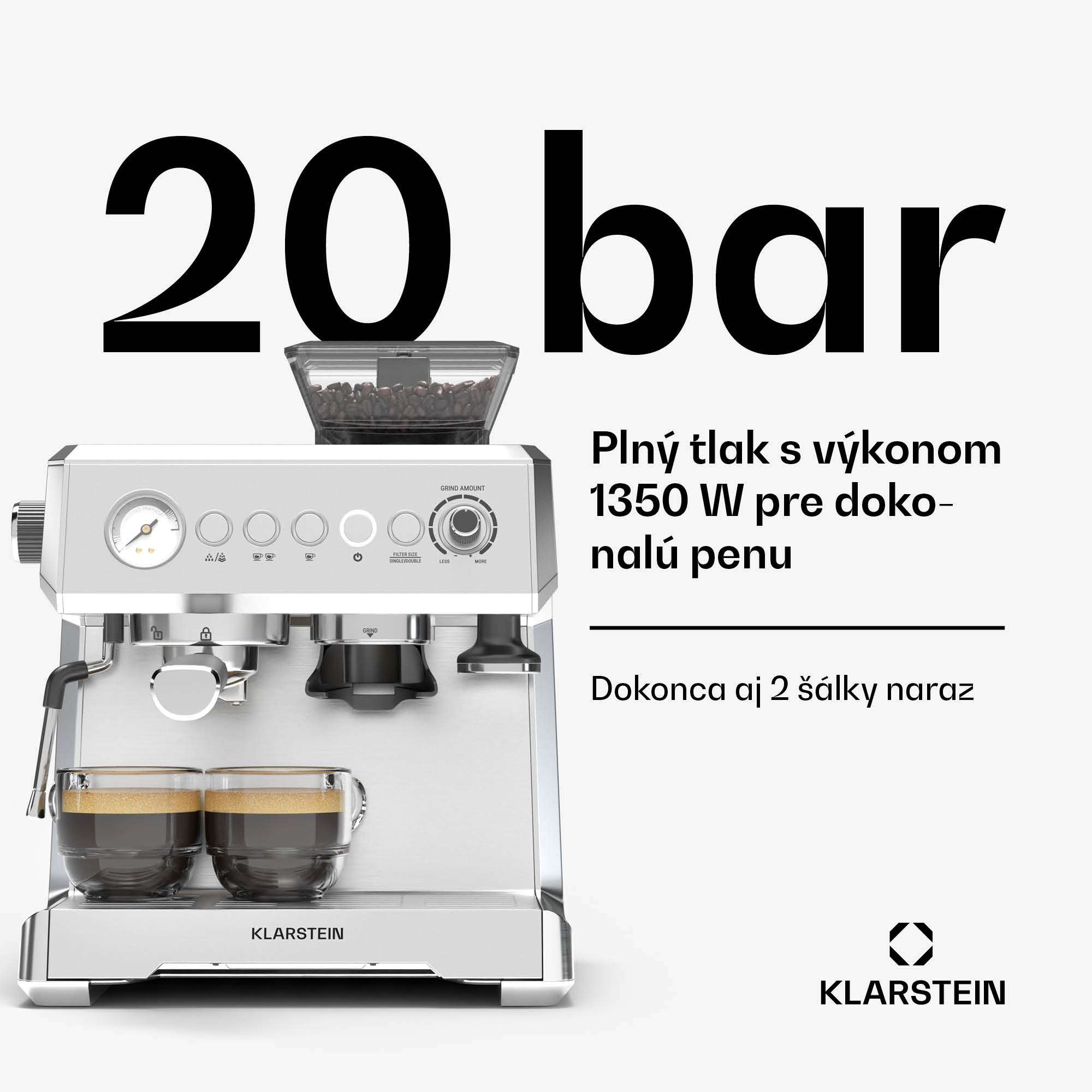 Klarstein GrandPresso pákový kávovar, precízny mlynček, parná tryska, portafilter, indikátor tlaku, 20 bar – Obrázok 2