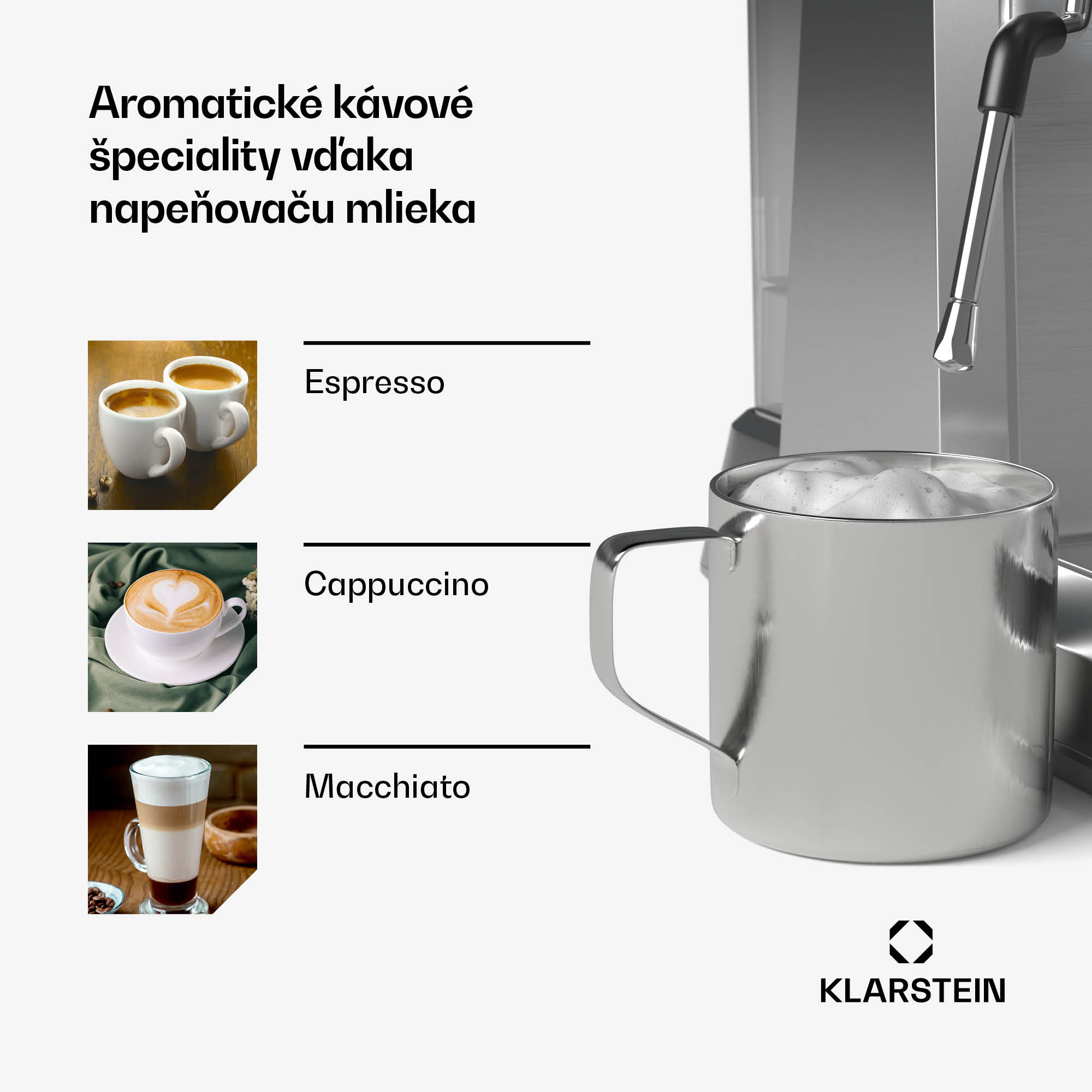 Klarstein GrandPresso pákový kávovar, precízny mlynček, parná tryska, portafilter, indikátor tlaku, 20 bar – Obrázok 3