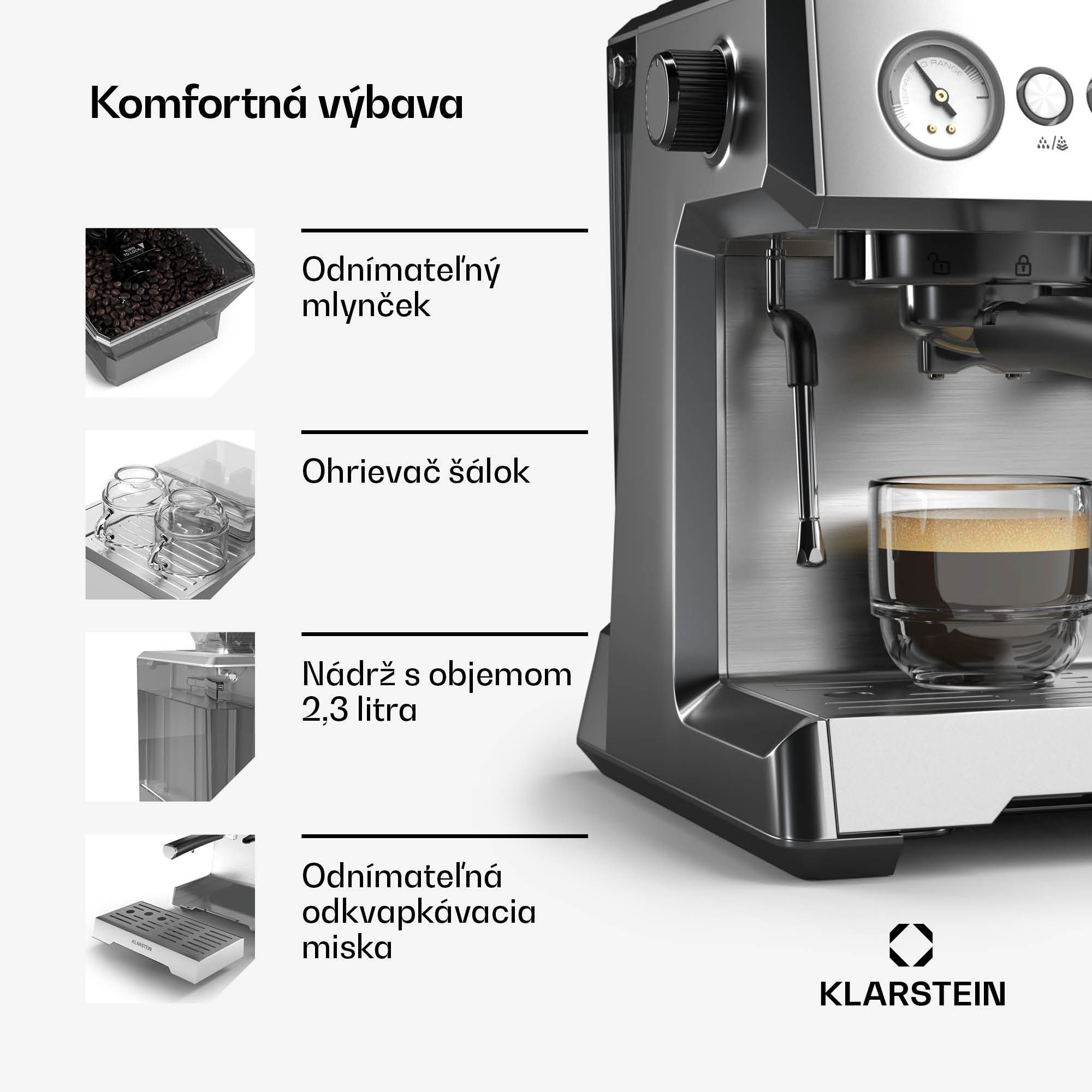 Klarstein GrandPresso pákový kávovar, precízny mlynček, parná tryska, portafilter, indikátor tlaku, 20 bar – Obrázok 4