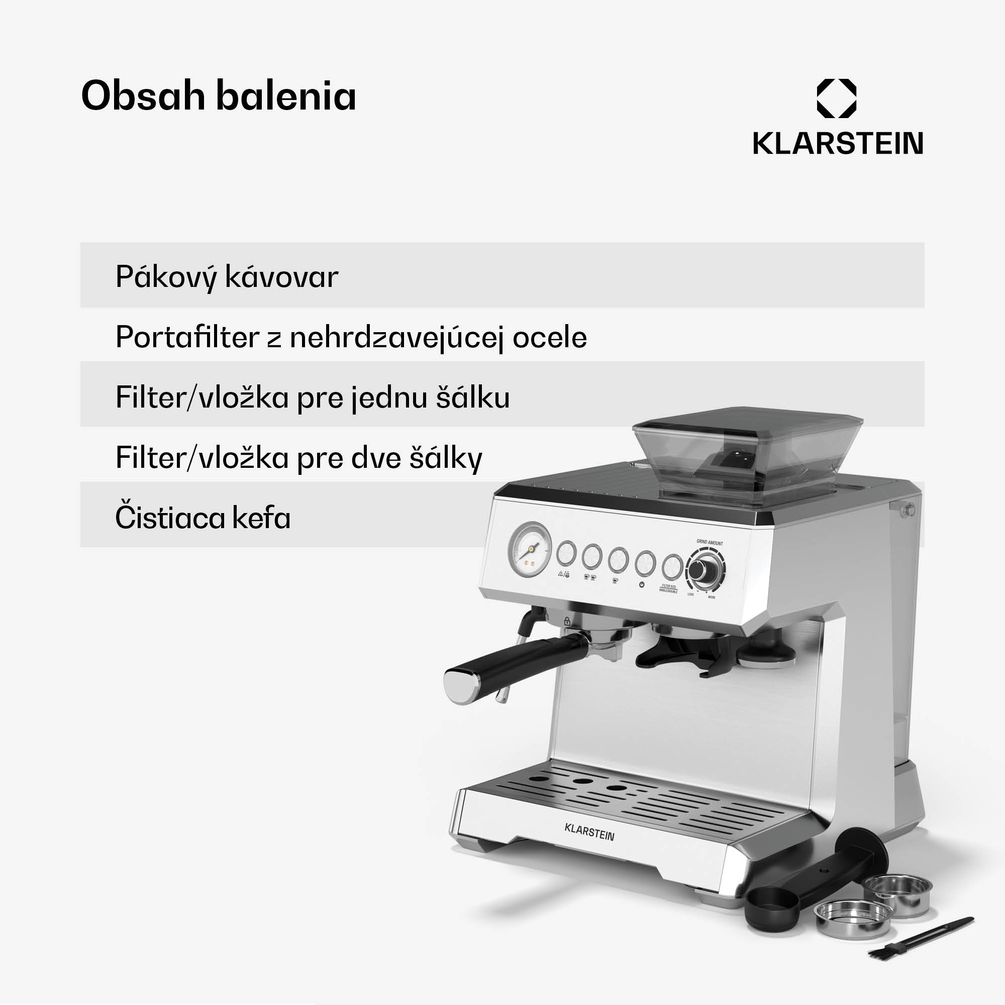 Klarstein GrandPresso pákový kávovar, precízny mlynček, parná tryska, portafilter, indikátor tlaku, 20 bar – Obrázok 5