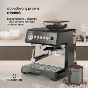 Klarstein GrandPresso pákový kávovar, precízny mlynček, parná tryska, portafilter, indikátor tlaku, 20 bar