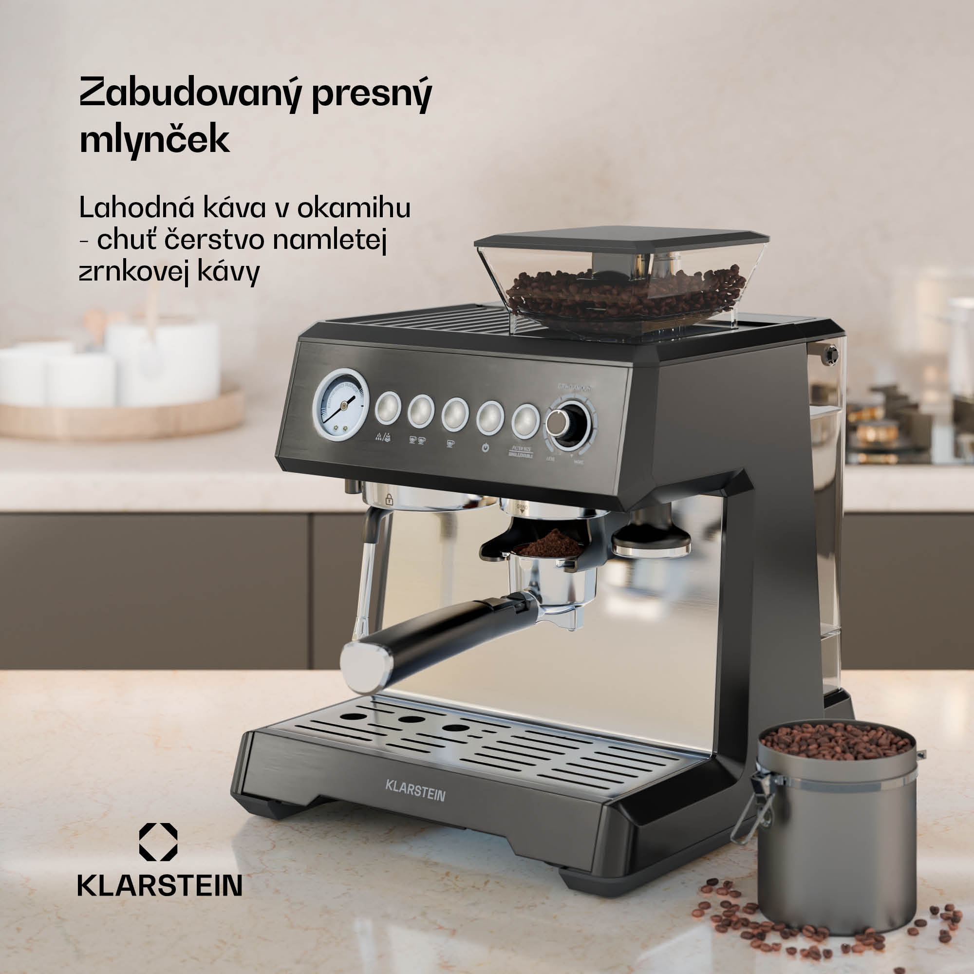 Klarstein GrandPresso pákový kávovar, precízny mlynček, parná tryska, portafilter, indikátor tlaku, 20 bar