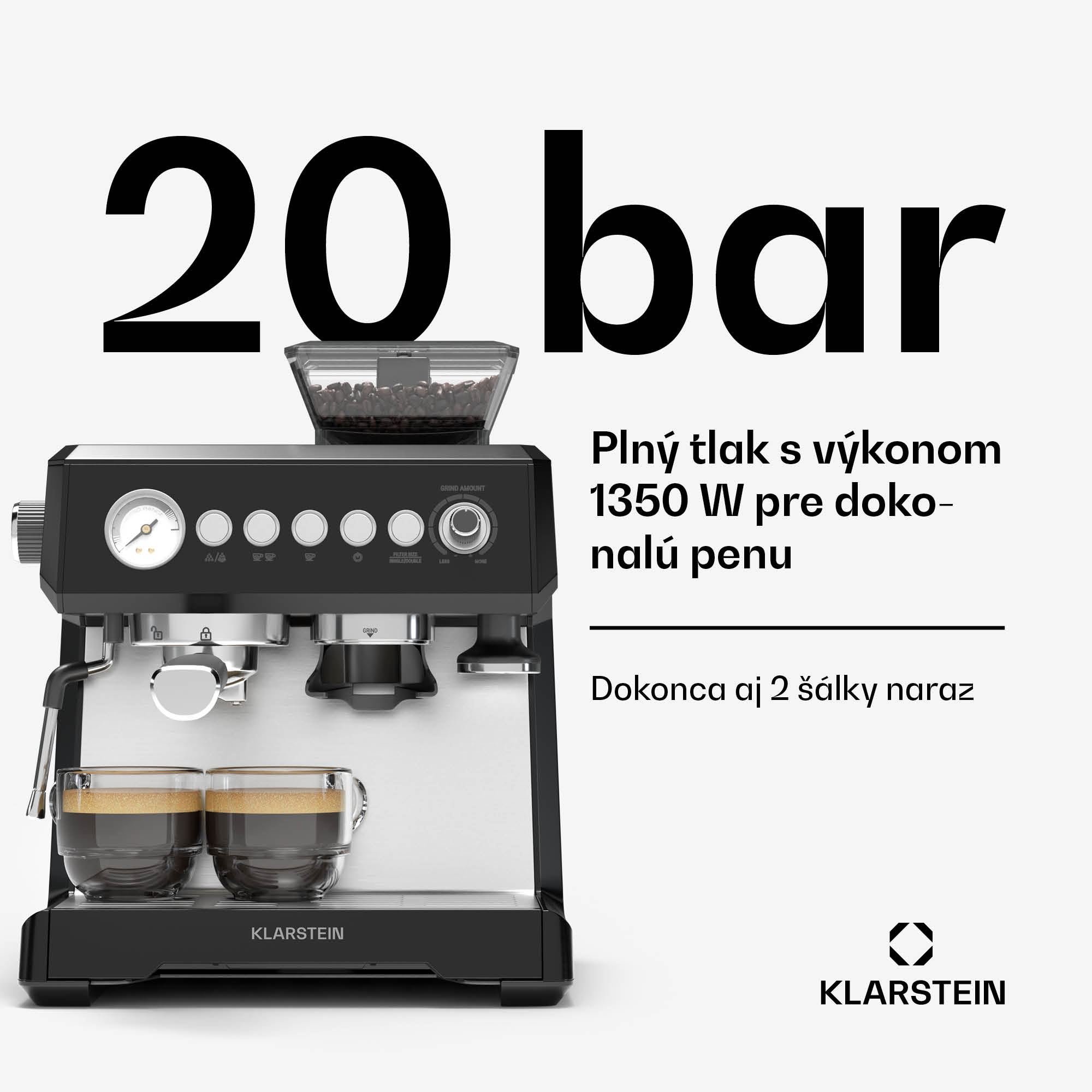 Klarstein GrandPresso pákový kávovar, precízny mlynček, parná tryska, portafilter, indikátor tlaku, 20 bar – Obrázok 2