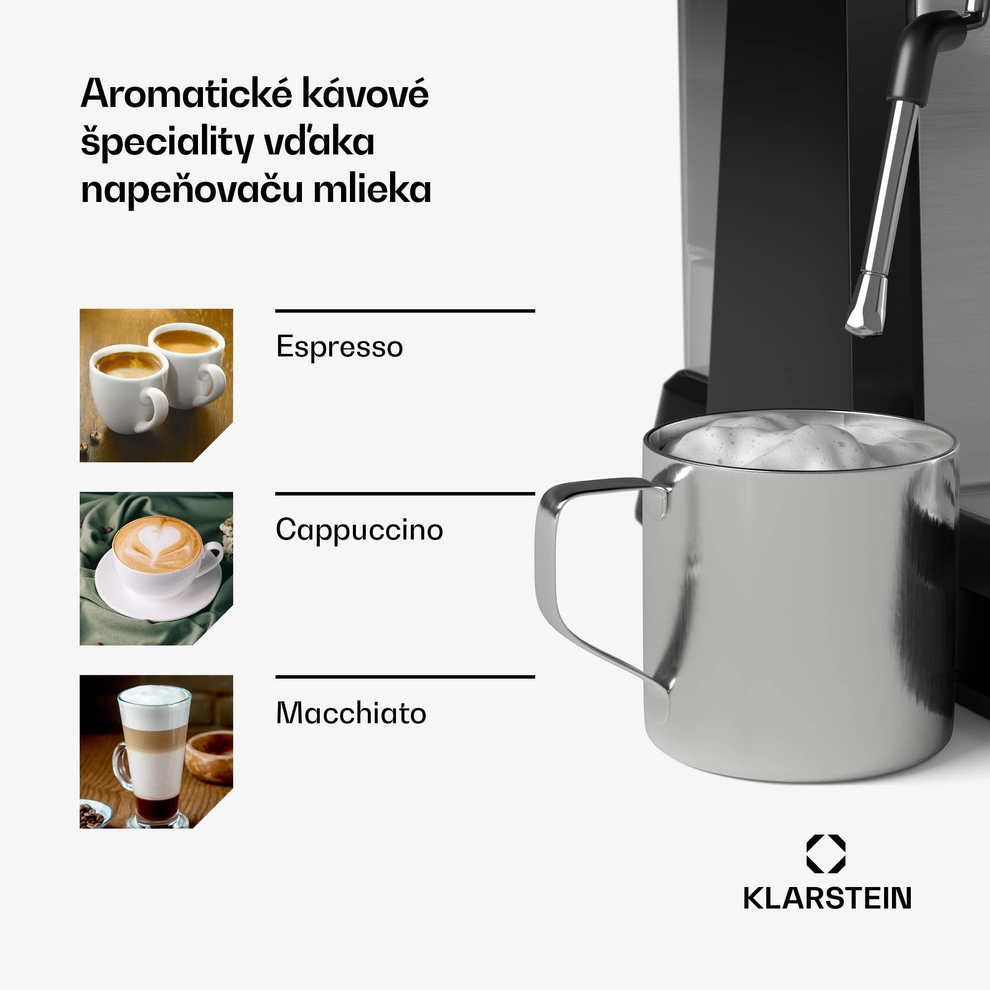 Klarstein GrandPresso pákový kávovar, precízny mlynček, parná tryska, portafilter, indikátor tlaku, 20 bar – Obrázok 3