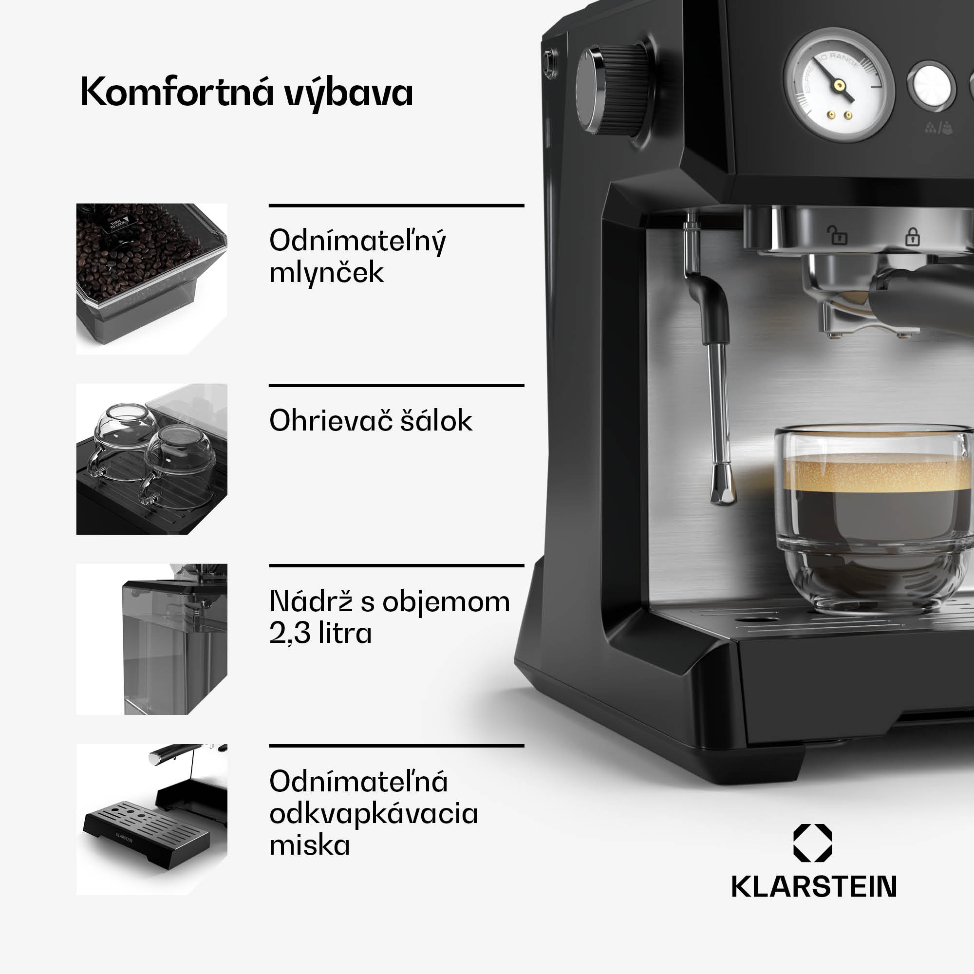 Klarstein GrandPresso pákový kávovar, precízny mlynček, parná tryska, portafilter, indikátor tlaku, 20 bar – Obrázok 4
