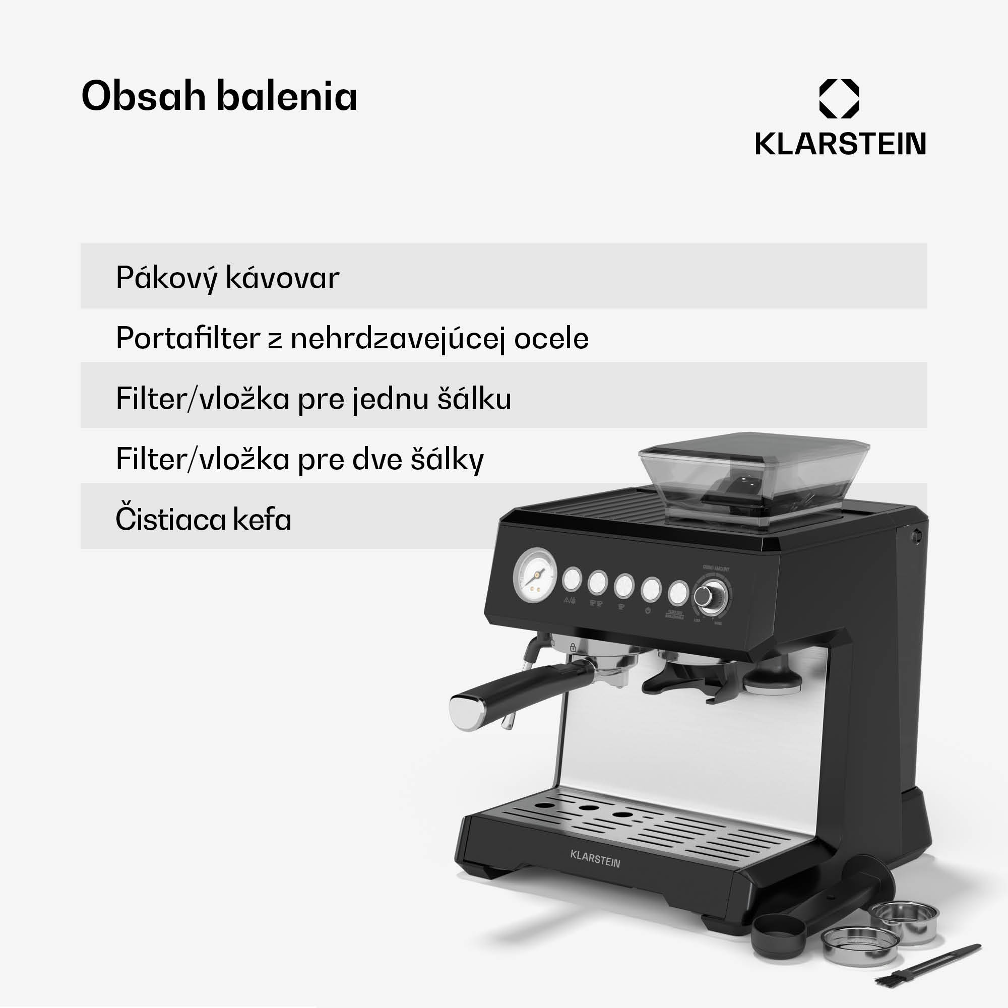 Klarstein GrandPresso pákový kávovar, precízny mlynček, parná tryska, portafilter, indikátor tlaku, 20 bar – Obrázok 5